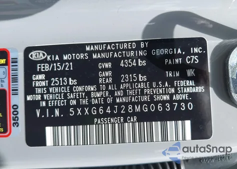 2021 Kia K5 Gt-Line из США, поврежденный, VIN 5XXG64J28MG063730